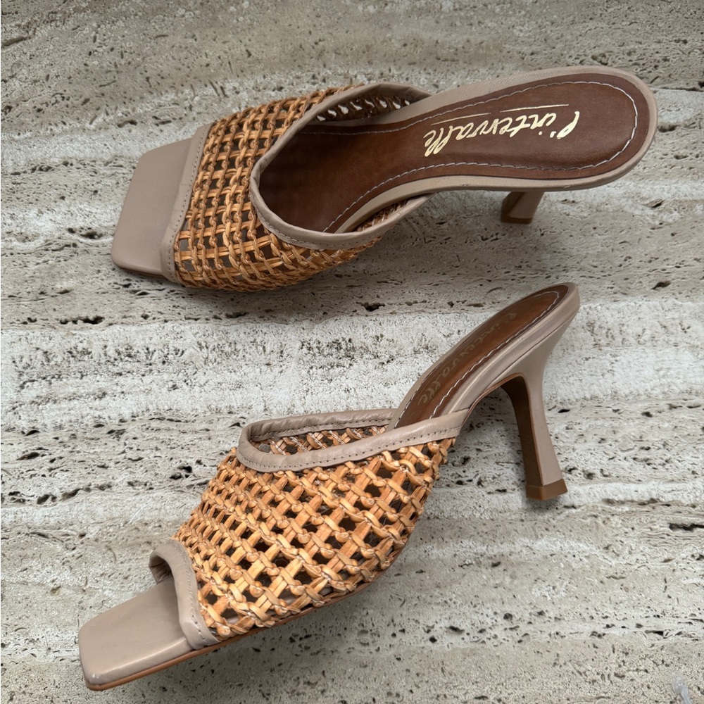 Tan Woven Heels with square Toe and Medium Heel